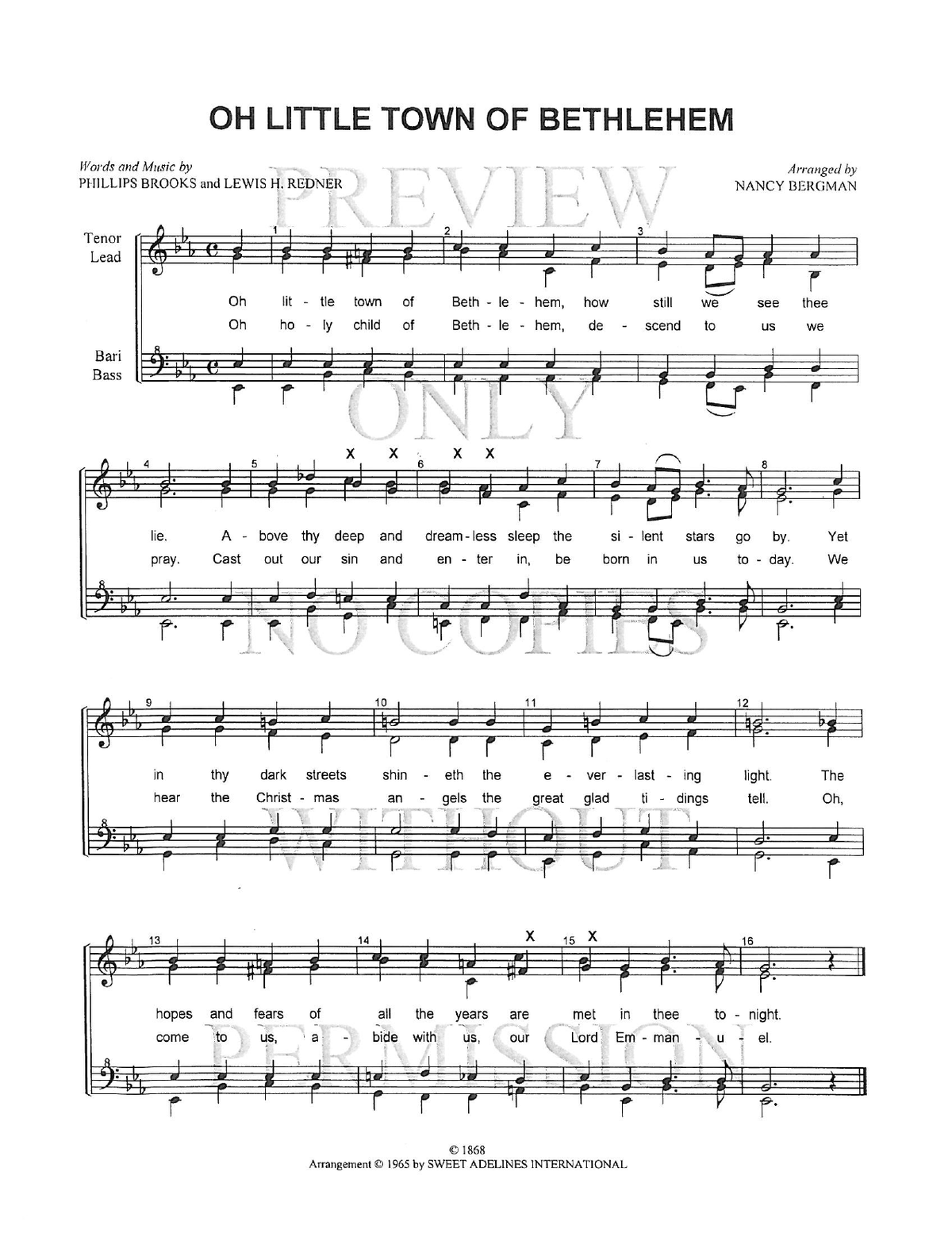 Oh Little Town Of Bethlehem — sheet music preview, arranged by Nancy Bergman