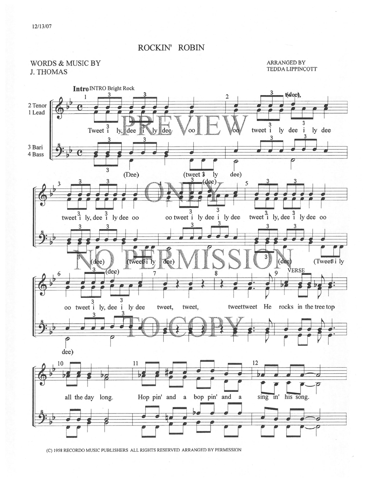 YW - Rockin' Robin (SSAA) — sheet music preview, arranged by Tedda Lippincott