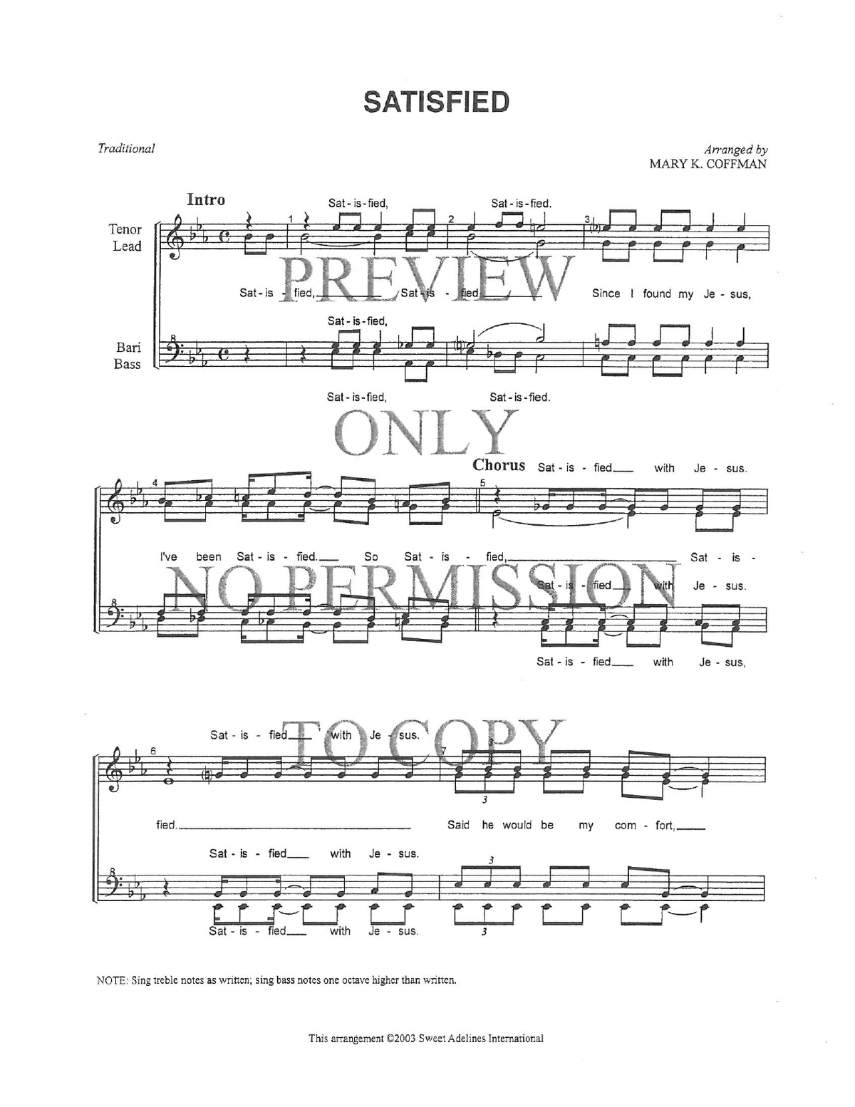 Satisfied — sheet music preview, arranged by Mary K. Coffman