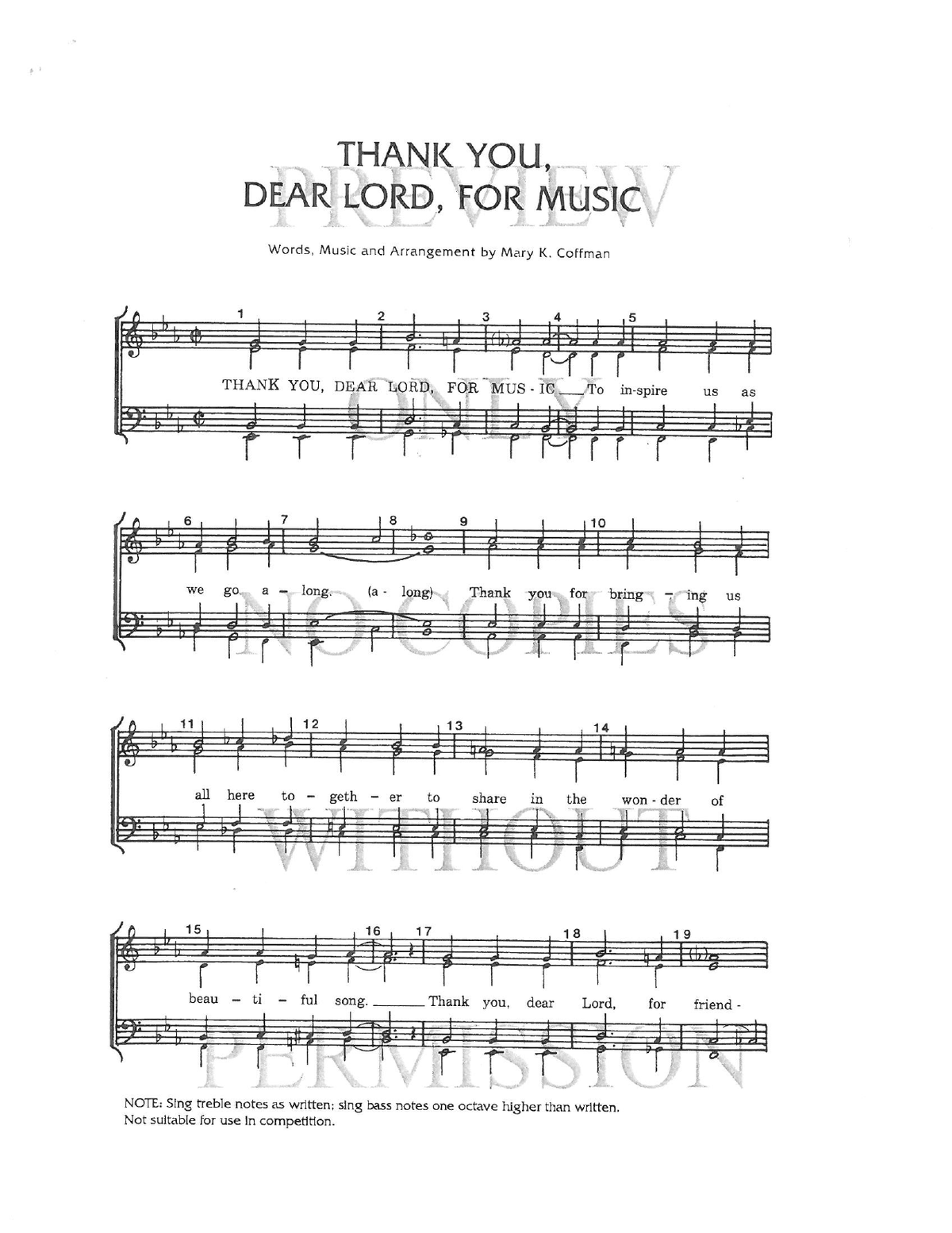 Thank You, Dear Lord, For Music — sheet music preview, arranged by Mary K. Coffman