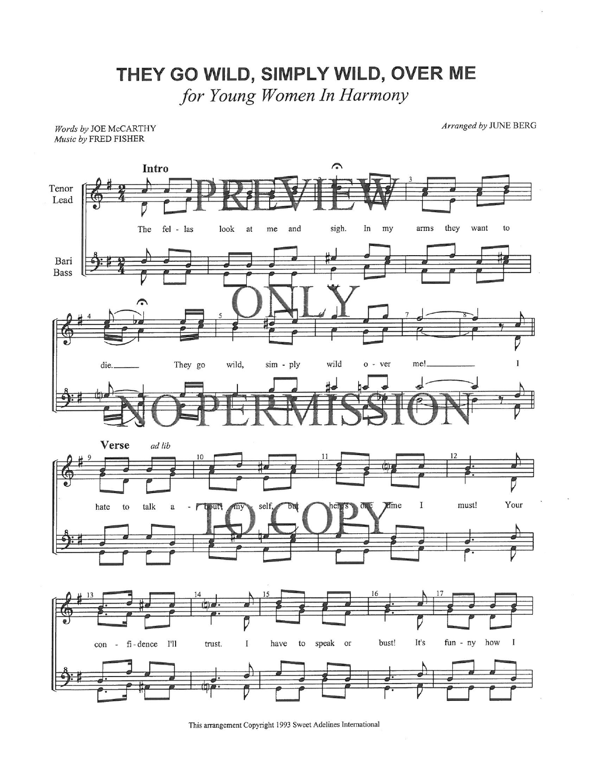 YW -They Go Wild, Simply Wild, Over Me — sheet music preview, arranged by June Berg