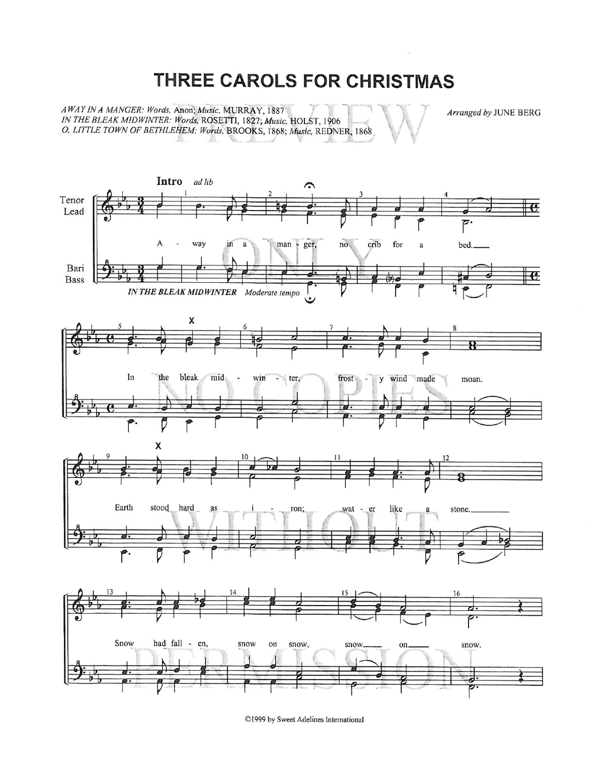 Three Carols For Christmas — sheet music preview, arranged by June Berg