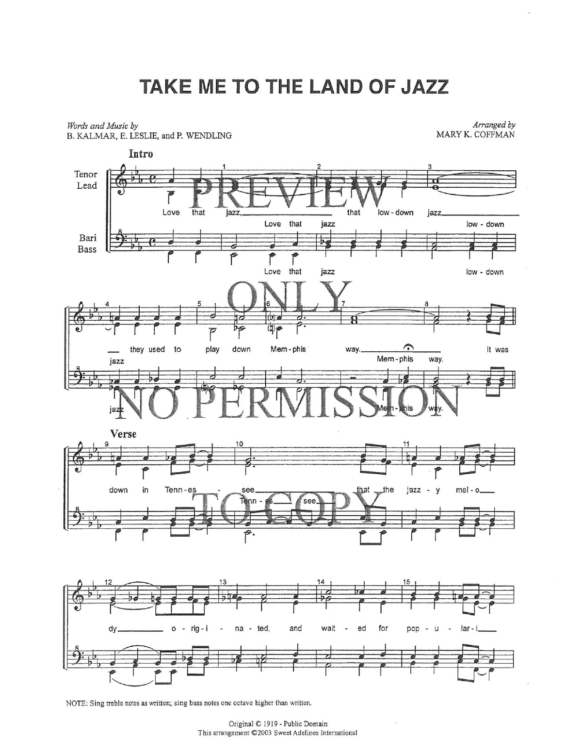 Take Me To The Land Of Jazz — sheet music preview, arranged by Mary K. Coffman