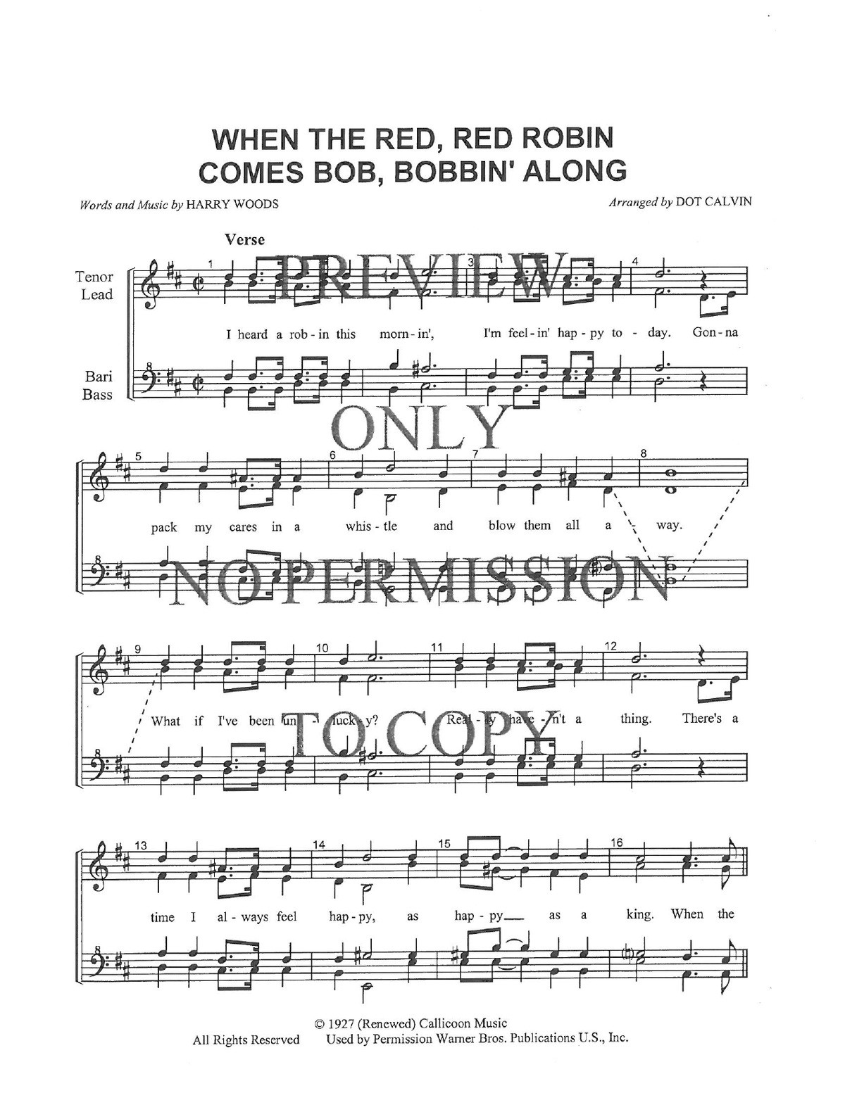 When the Red, Red Robin Comes Bob, Bobbin' Along — sheet music preview, arranged by Dot Calvin
