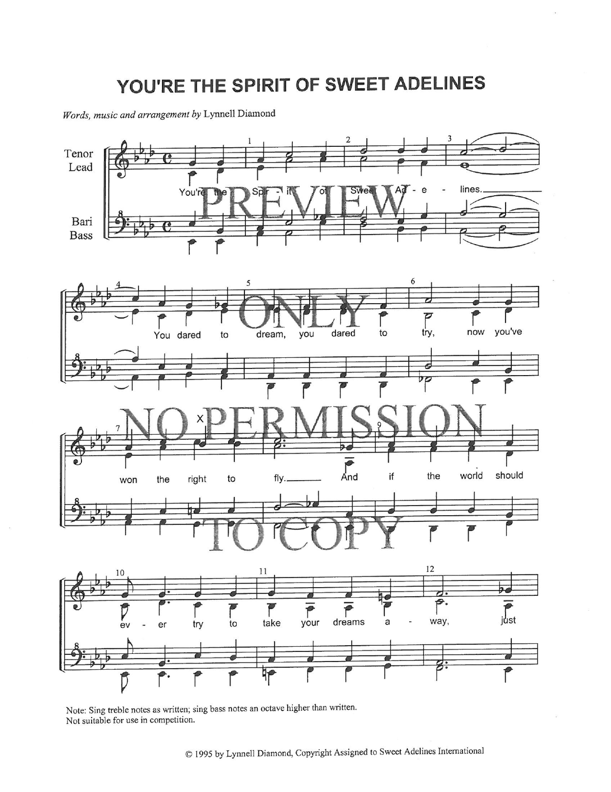 You're The Spirit Of Sweet Adelines — sheet music preview, arranged by Lynnell Diamond